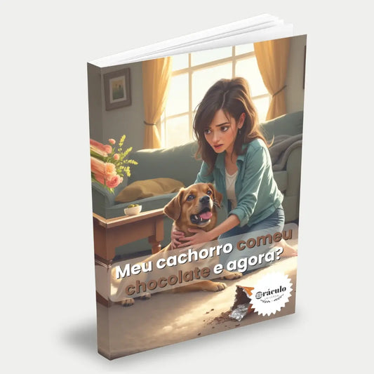 Capa do audiolivro "Meu Cachorro Comeu Chocolate e Agora?" – guia urgente sobre como lidar com intoxicação por chocolate em cachorros e medidas de primeiros socorros.