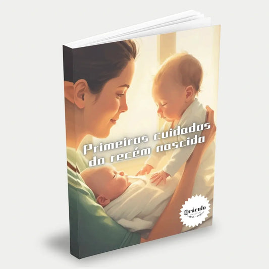 Capa do audiolivro "Primeiros Cuidados do Recém-Nascido" – guia essencial para pais de primeira viagem, com orientações sobre higiene, sono e alimentação do bebê.